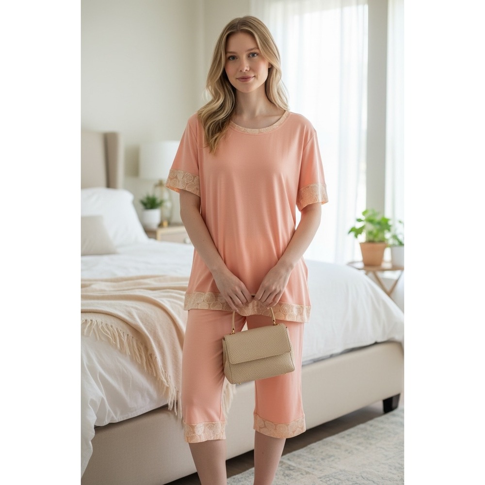Hotouch Peach Pajama Set XL Women Short Sleeve Top Capri Pants Leaf Trim Soft